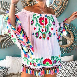 NWOT PONG POCO LTD Embroidered Off Shoulder Blouse Tunic Mini Dress